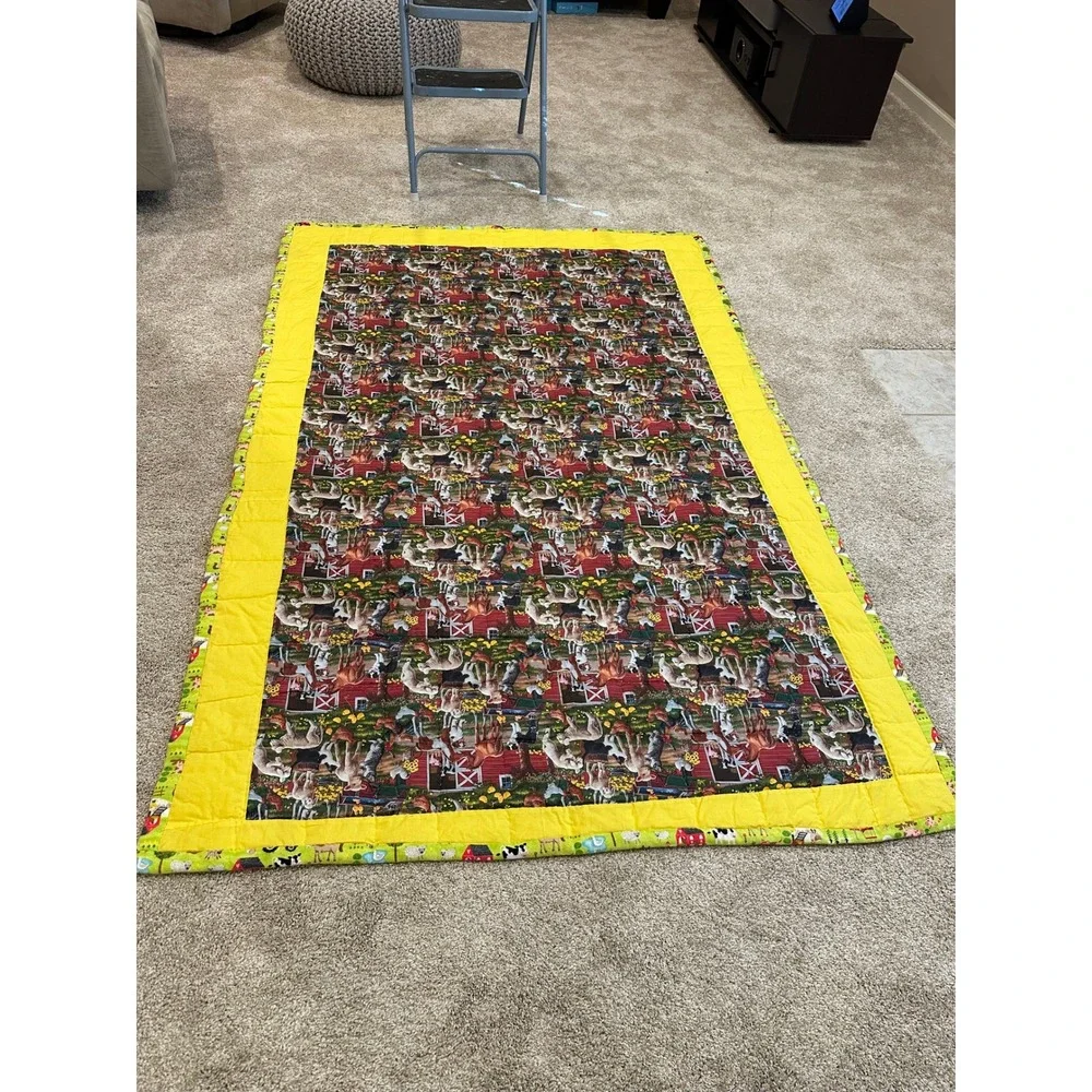 Handmade Farm Animal Quilted Throw Blanket‎ Yellow Border Green Tractor Backing